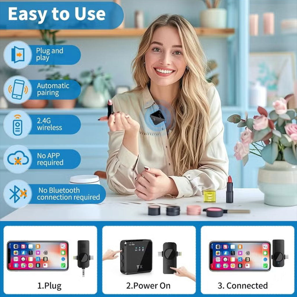 Microphone Sans Fil Professionnel 2en1 pour iPhone et Android F15 – ميكروفون لاسلكي متعدد المنافذ