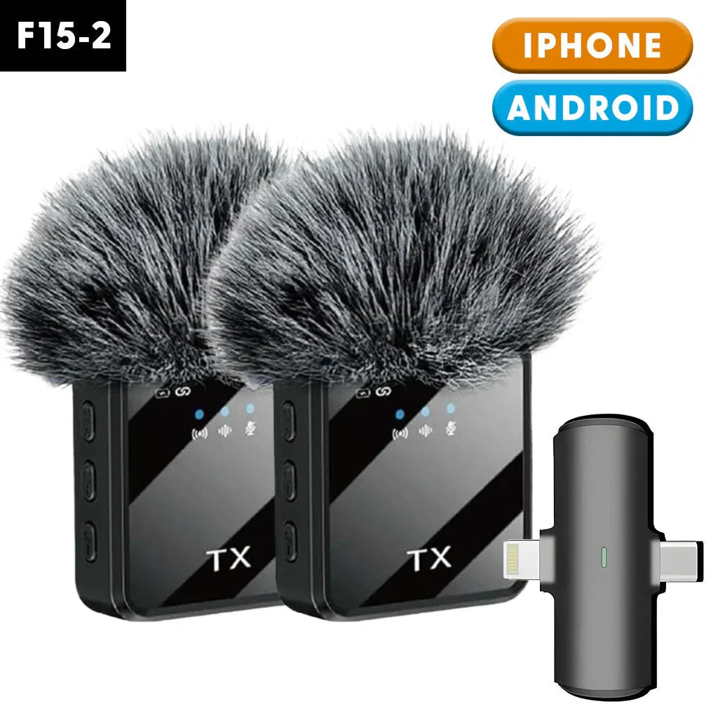 Double Microphone Sans Fil Professionnel 2en1 pour iPhone et Android F15-2 – ميكروفون لاسلكي 2قطع متعدد المنافذ - تنزوت