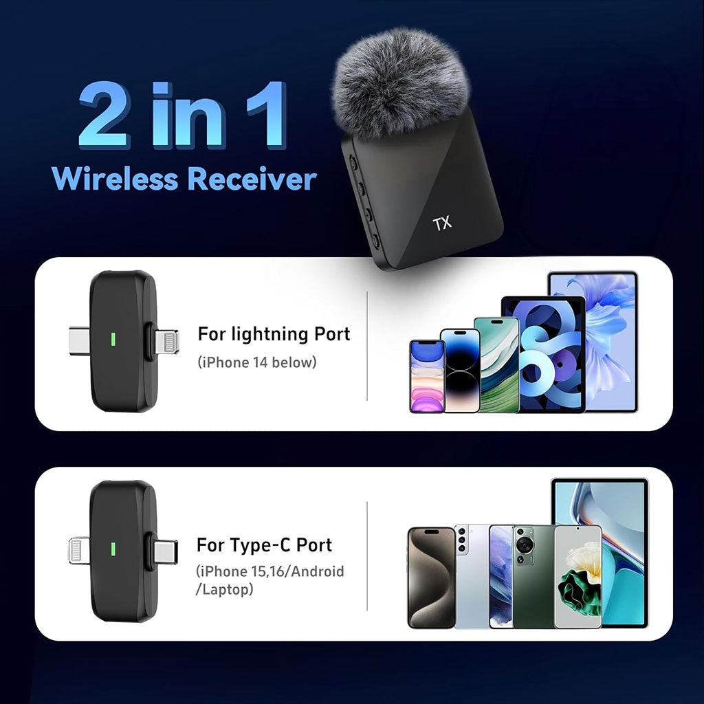 Microphone Sans Fil Professionnel 2en1 pour iPhone et Android F15 – ميكروفون لاسلكي متعدد المنافذ