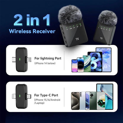 Double Microphone Sans Fil Professionnel 2en1 pour iPhone et Android F15-2 – ميكروفون لاسلكي 2قطع متعدد المنافذ