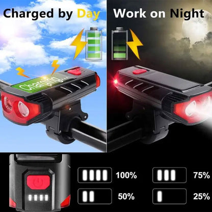 Lampe d’éclairage solaire pour vélo et trottinette avec sonnette et alarme – مصباح دراجات يعمل بالطاقة الشمسية