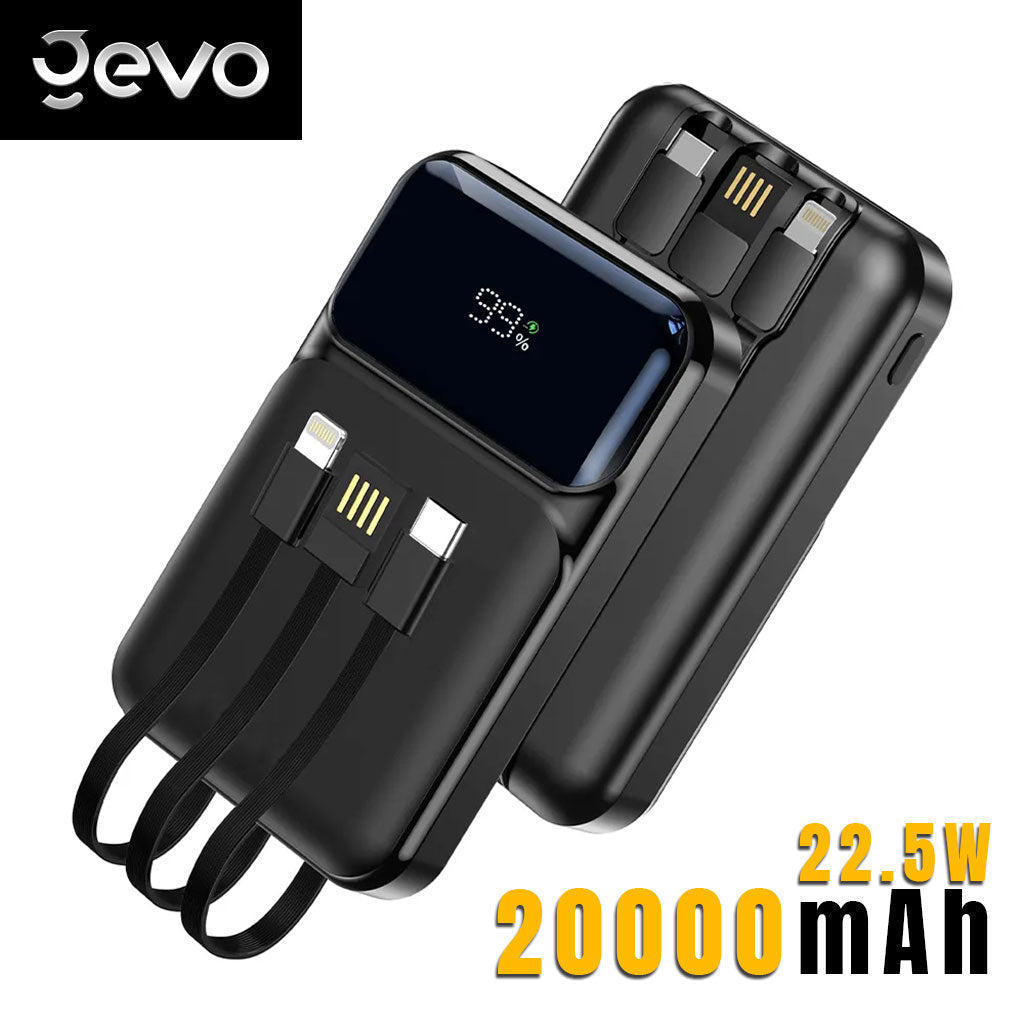 Power Bank Fast Charge Gevo 20000mAh avec Cable intégré LCD Screen – باور بانك سعة 20000ميلي أمبير مع كابلات شحن مدمجة - تنزوت