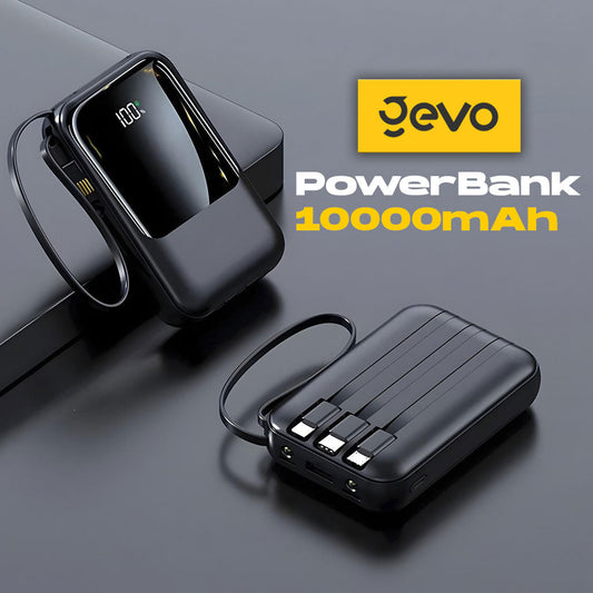 Power Bank Fast Charge Gevo 10000mAh avec Cable intégré LCD Screen – باور بانك سعة 10000ميلي أمبير مع كابلات شحن مدمجة - تنزوت