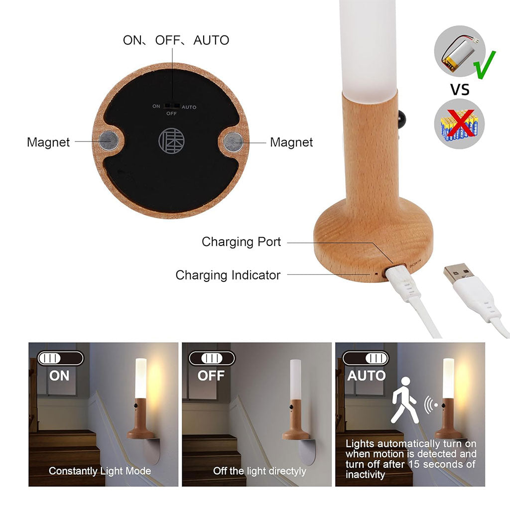 Applique murale rechargeable en bois avec détecteur de mouvement effet glow – مصباح جداري محمول
