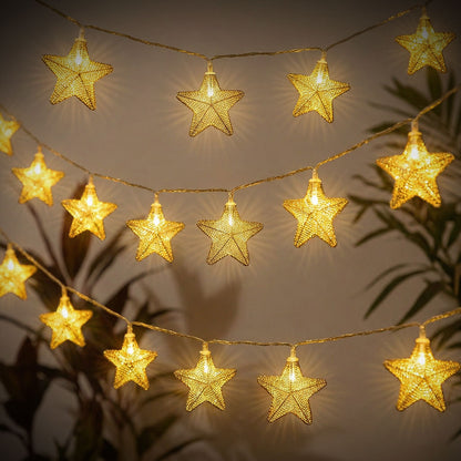 Guirlande Lumineuse Étoiles Dorées 16 LED avec Maillage Métallique – سلسلة أضواء رمضانية