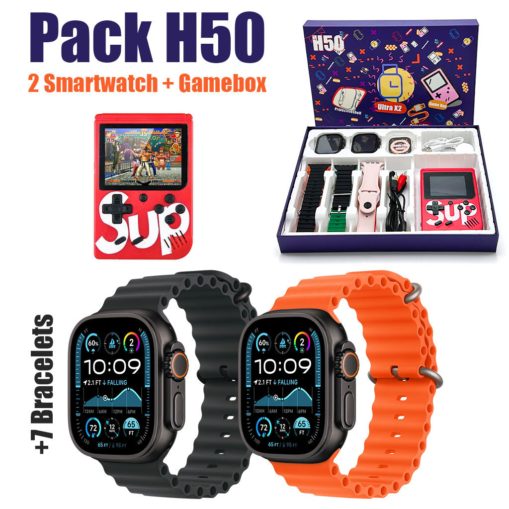 Pack 2 Smartwatch Ultra X2 avec 7 Bracelets et SUP Gamebox 400 Jeux – طقم ساعتين ذكيتين مع جهاز ألعاب كلاسيكية - تنزوت