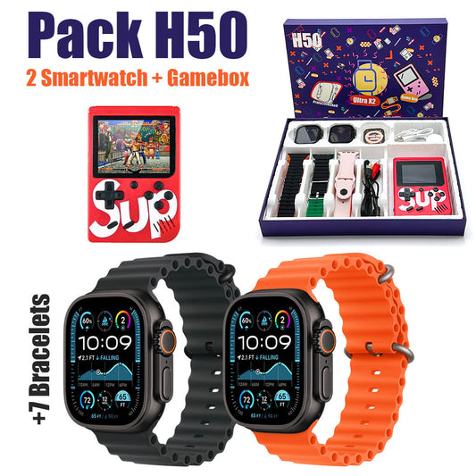 Pack 2 Smartwatch Ultra X2 avec 7 Bracelets et SUP Gamebox 400 Jeux – طقم ساعتين ذكيتين مع جهاز ألعاب كلاسيكية - تنزوت