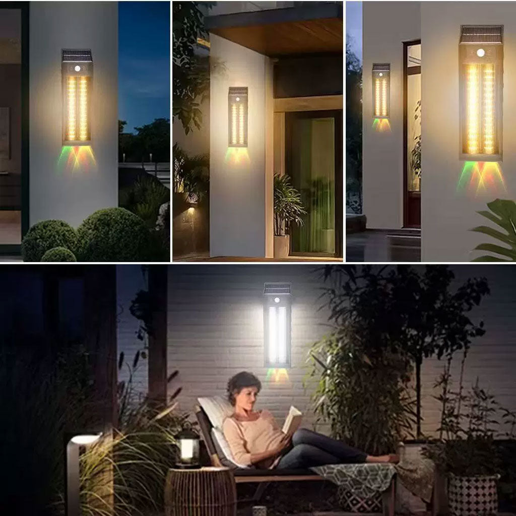 Lanterne Murale Solaire avec Lumière Colorées et Détecteur de Mouvements – مصباح خارجي يعمل بالطاقة الشمسية