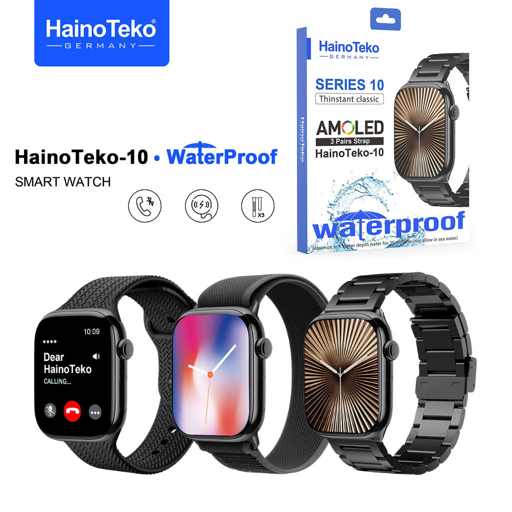Smart Watch Étanche HainoTeko-10 avec 3 bracelets de luxe en acier inoxydable et silicone – ساعة ذكية أصلية - تنزوت