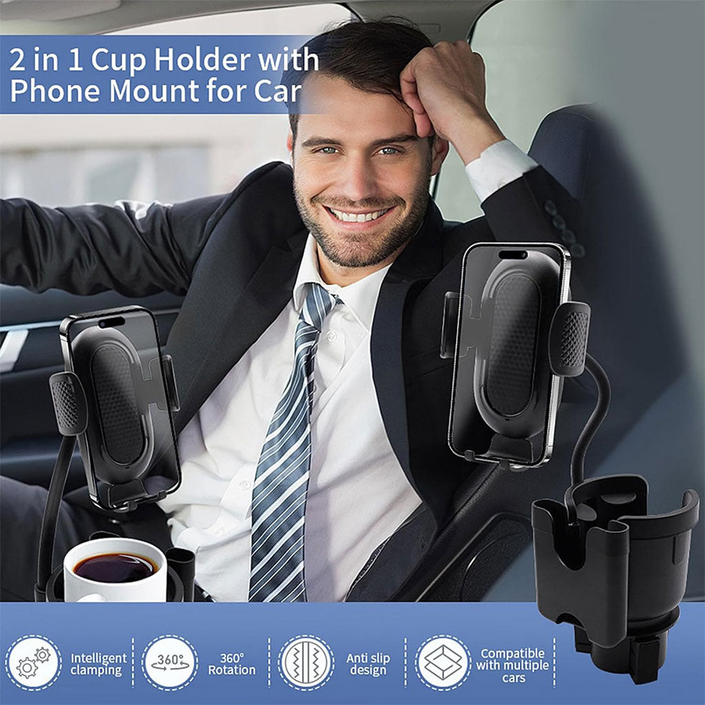 Support de téléphone pour voiture avec porte-gobelet rotation à 360° - حامل هواتف وأكواب في السيارة