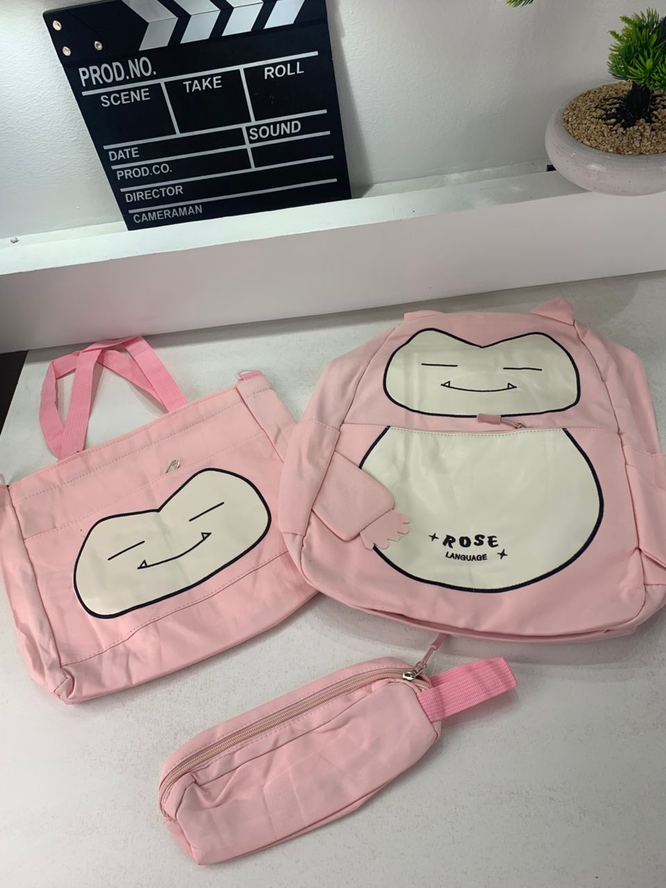 Ensemble de Sacs Snorlax 3Pcs Design Kawaii Rose- حقيبة مدرسية 3 قطع لون وردي