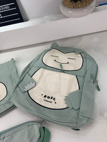 Ensemble de Sacs Snorlax 3Pcs Design Kawaii Vert – حقيبة مدرسية 3 قطع لون أخضر