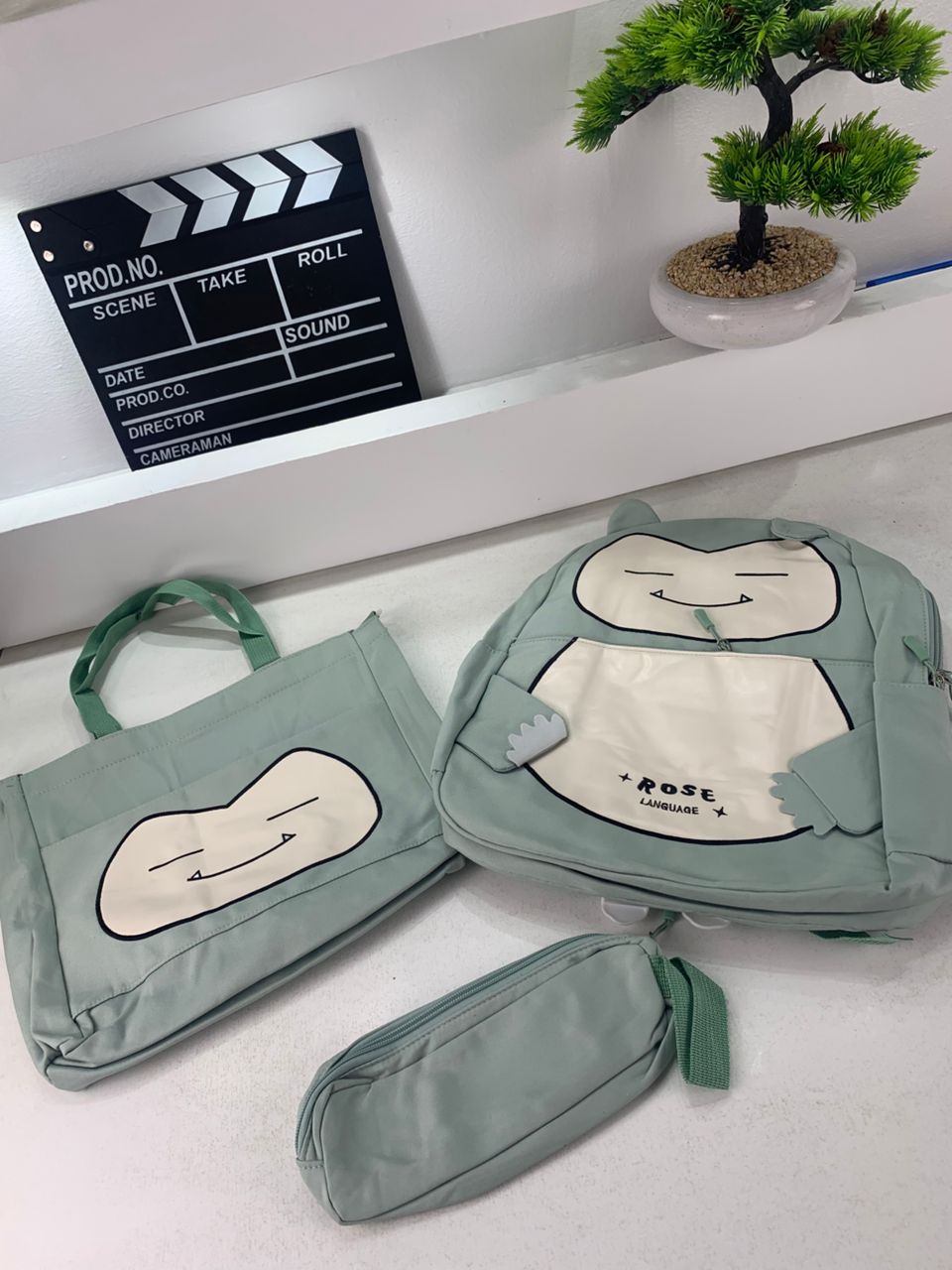 Ensemble de Sacs Snorlax 3Pcs Design Kawaii Vert – حقيبة مدرسية 3 قطع لون أخضر
