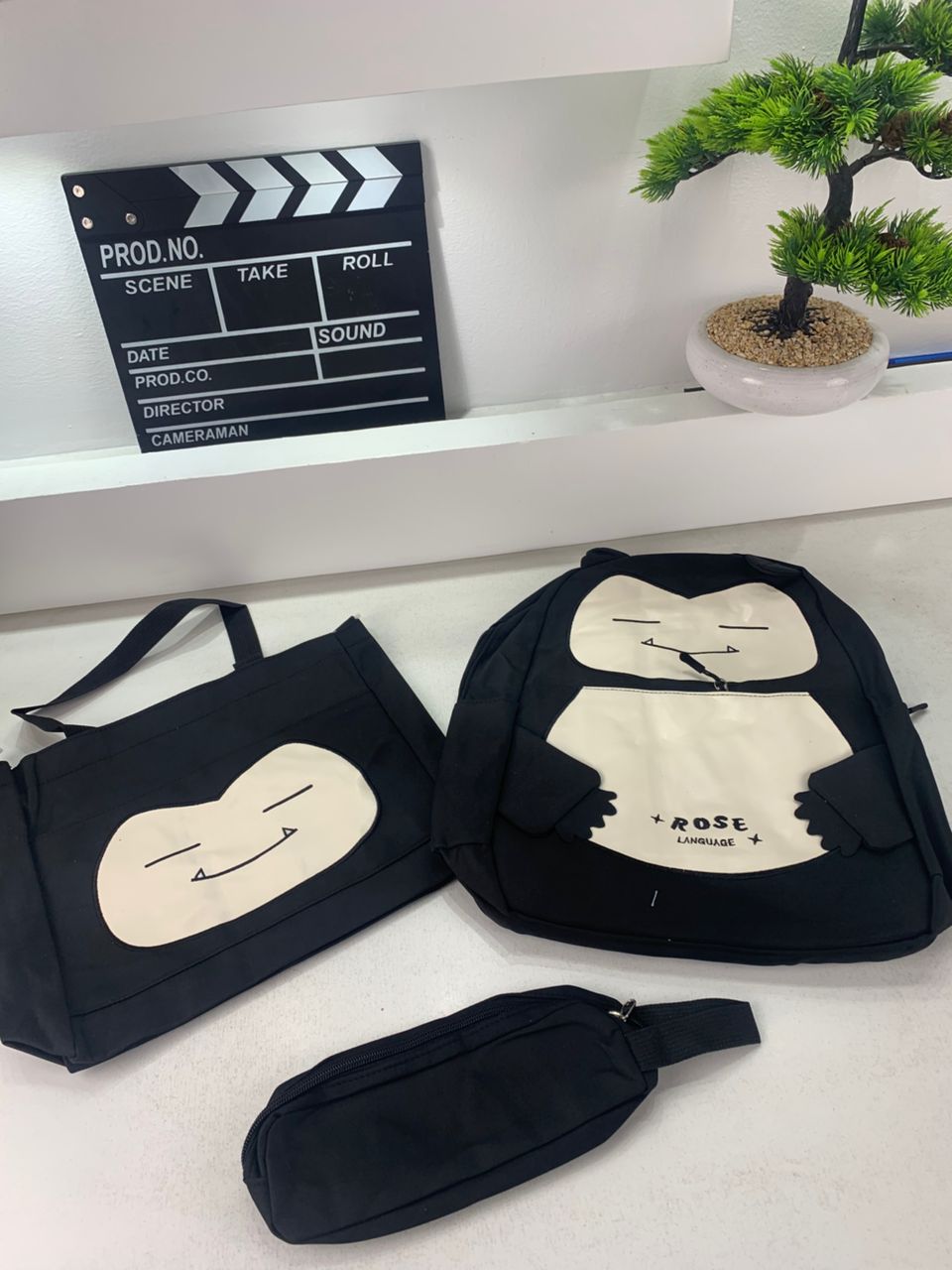 Ensemble de Sacs Snorlax 3Pcs Design Kawaii Noir – حقيبة مدرسية 3 قطع لون أسود
