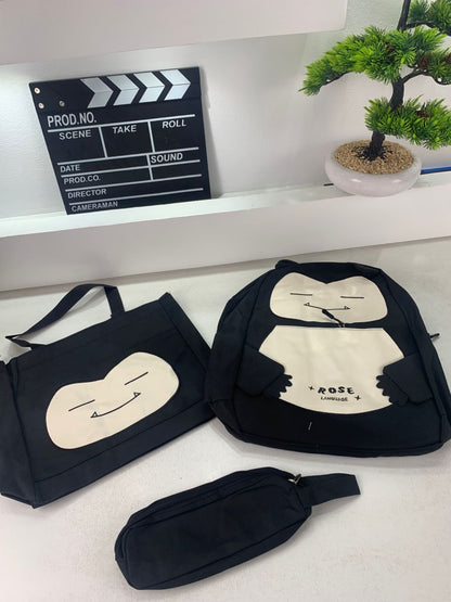 Ensemble de Sacs Snorlax 3Pcs Design Kawaii Noir – حقيبة مدرسية 3 قطع لون أسود