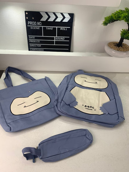 Ensemble de Sacs Snorlax 3Pcs Design Kawaii Bleu – حقيبة مدرسية 3 قطع لون أزرق