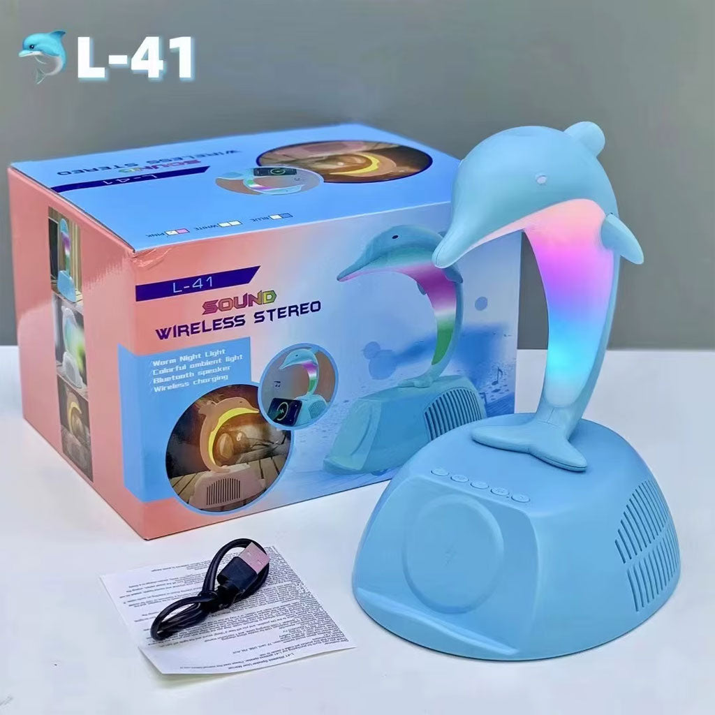 Haut-Parleur Bluetooth Dauphin avec Lampe d’Ambiance LED RGB et Chargeur Sans Fil 15W