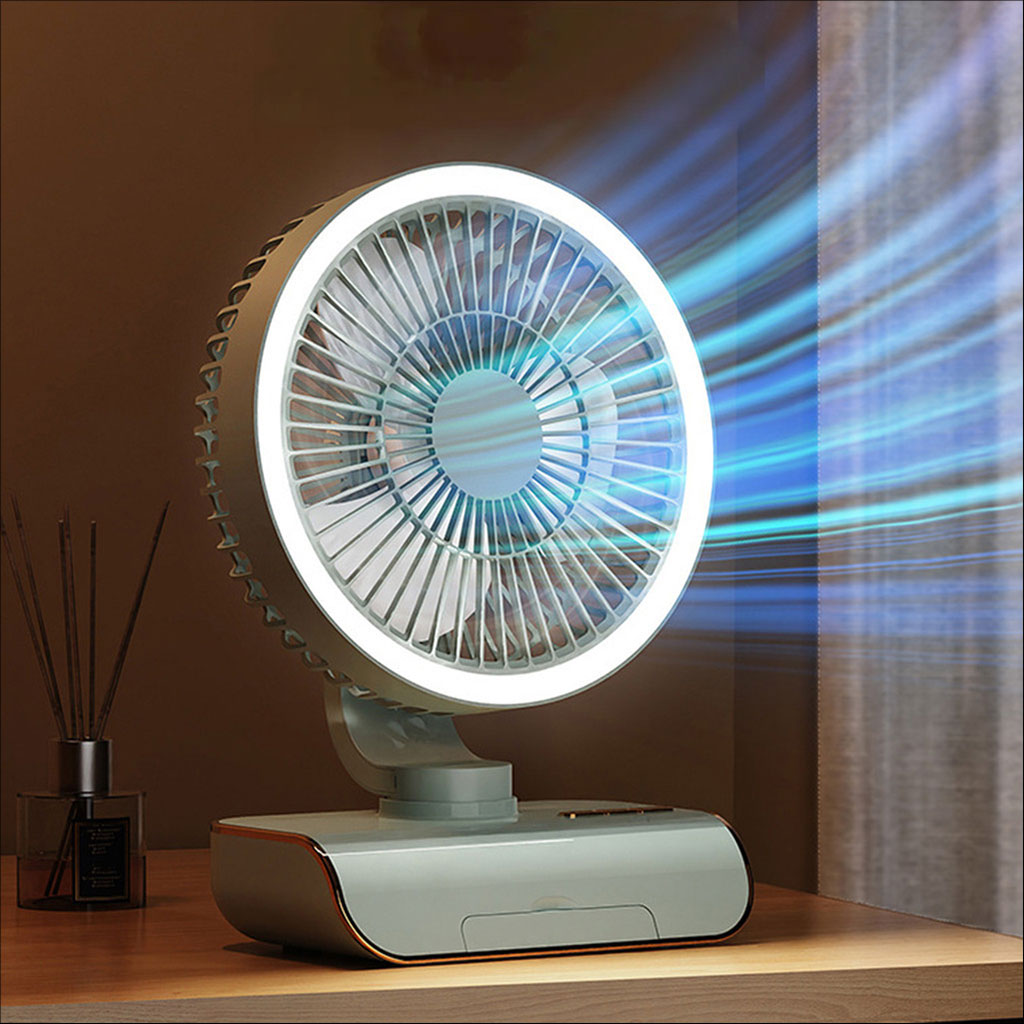 Ventilateur de Bureau Rechargeable Rotatif avec Lumière LED – مروحة مكتب قابلة للشحن تنزوت