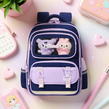 Sac à Dos Enfant Ludique avec Plusieurs Compartiment et un Peluche LM-5122 Bleu Nuit et Mauve – حقيبة ظهر للأطفال أزرق ليلي وبنفسجي