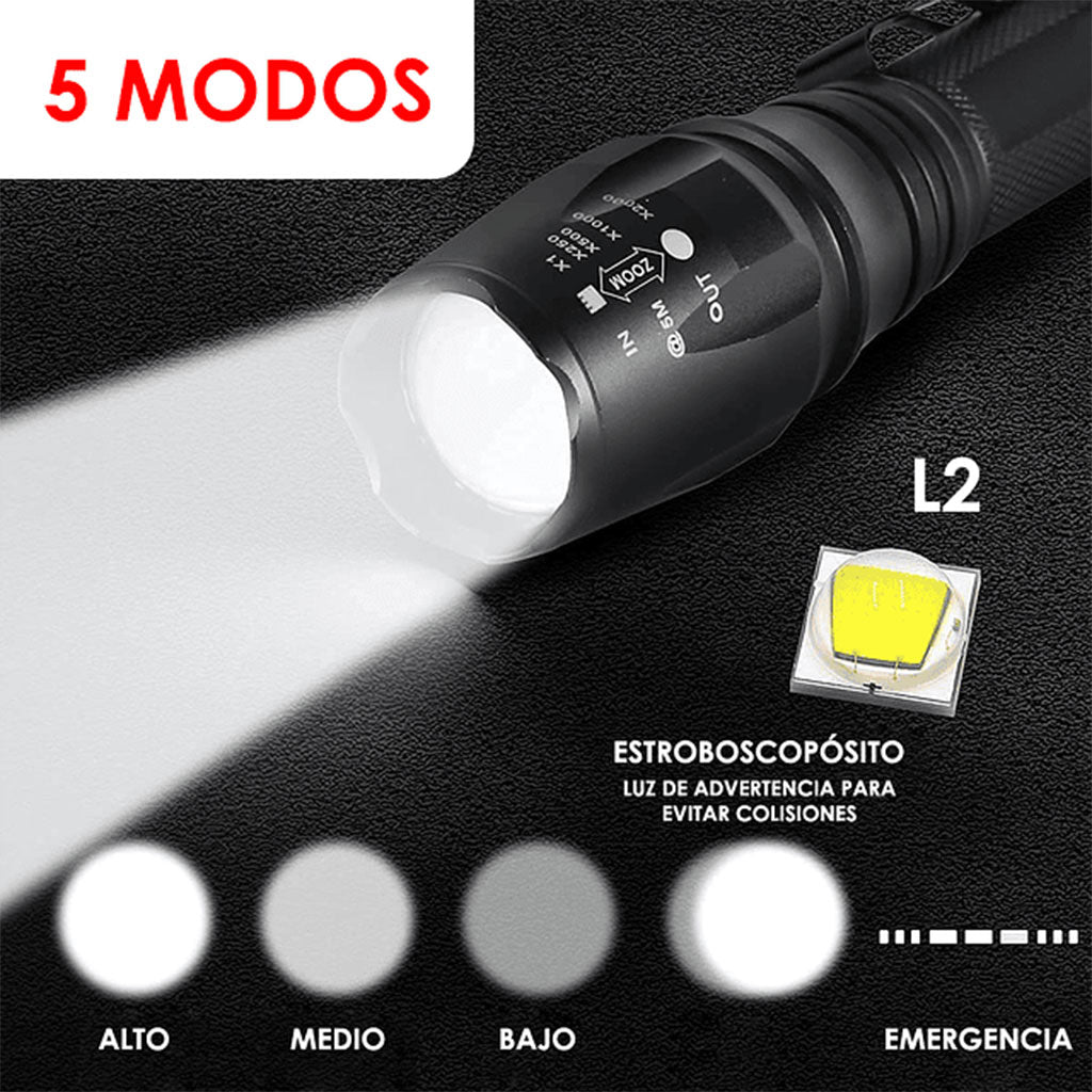 Lampe de poche tactique IP65 de 18 000 lumens - avec lumière LED et deux piles rechargeables - Swat