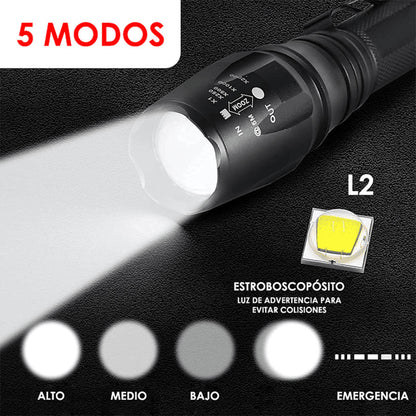 Lampe de poche tactique IP65 de 18 000 lumens - avec lumière LED et deux piles rechargeables - Swat