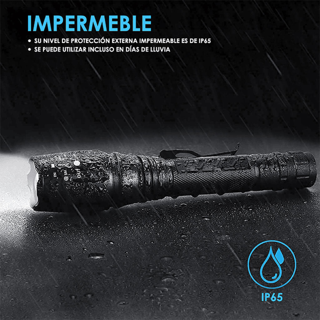 Lampe de poche tactique IP65 de 18 000 lumens - avec lumière LED et deux piles rechargeables - Swat