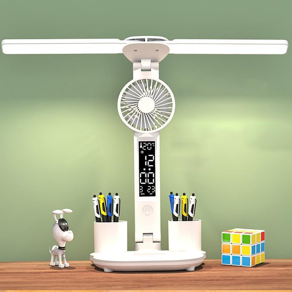 Lampe de bureau LED à double tête avec ventilateur et Horloge – مصباح مكتب مع منبه ومروحة مدمجة