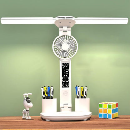 Lampe de bureau LED à double tête avec ventilateur et Horloge – مصباح مكتب مع منبه ومروحة مدمجة