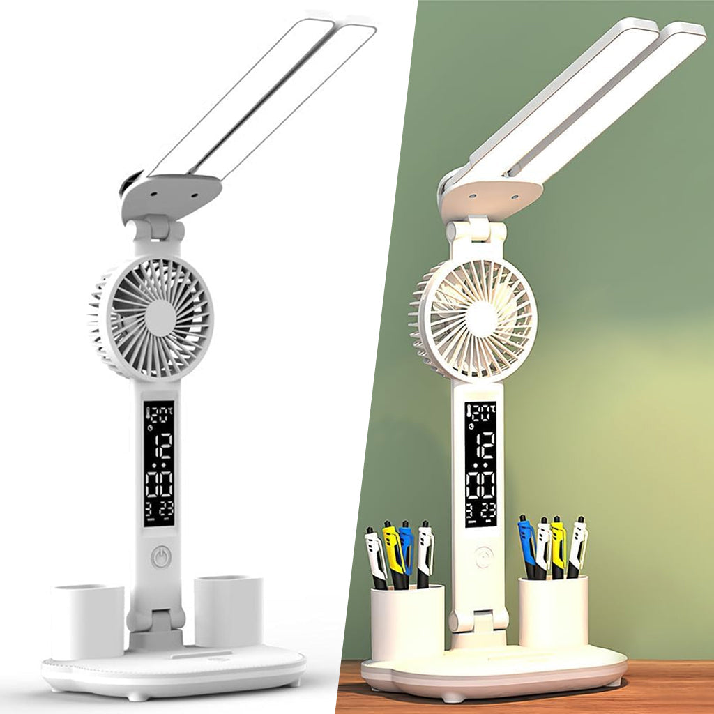 Lampe de bureau LED à double tête avec ventilateur et Horloge – مصباح مكتب مع منبه ومروحة مدمجة