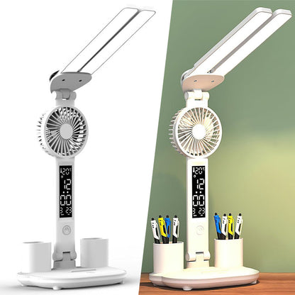 Lampe de bureau LED à double tête avec ventilateur et Horloge – مصباح مكتب مع منبه ومروحة مدمجة