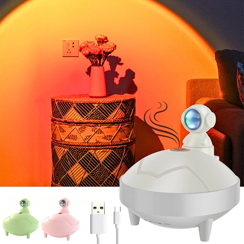 Lampe de coucher de soleil d'astronaute et humidificateur d'air sans fil, diffuseur à batterie Rechargeable1200mAh - تنزوت