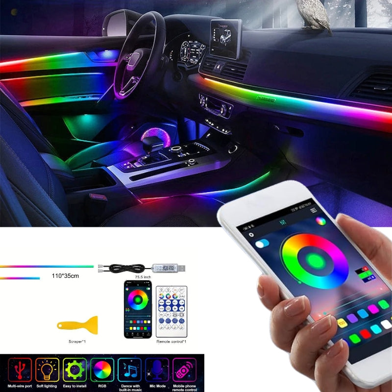 Bande lumineuse LED en néon RGB pour intérieur de voiture, éclairage suivi son d'ambiance Avec app et télécommande - تنزوت