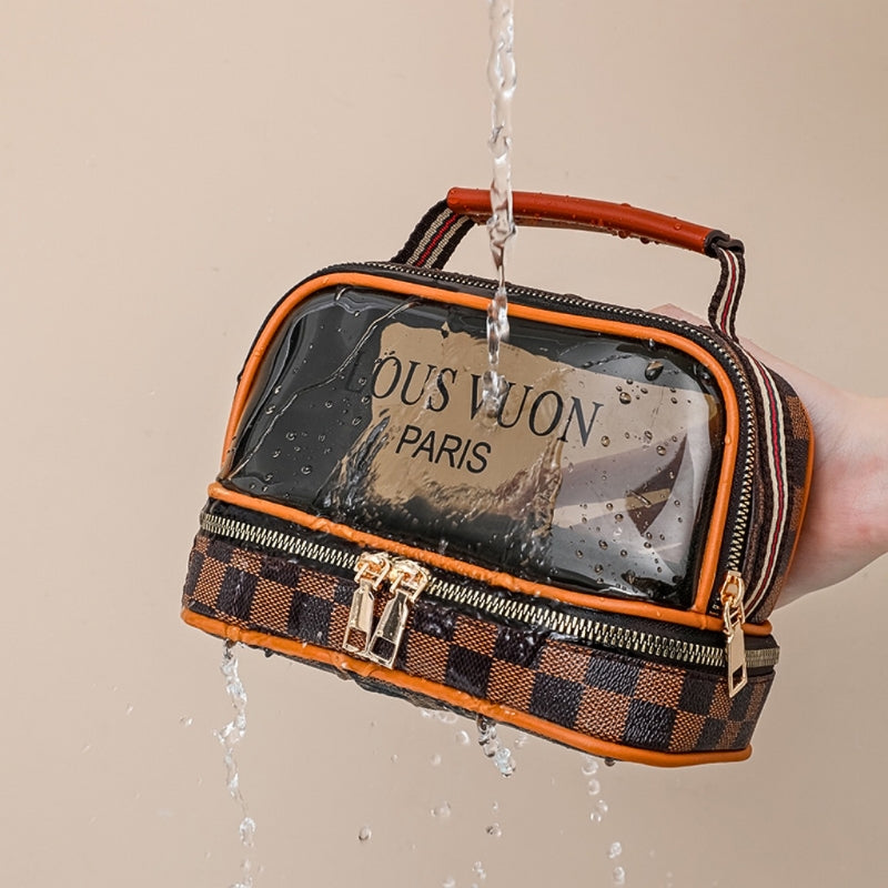 Trousse de toilette transparente double couche pour femmes, sac cosmétique étanche de grande capacité