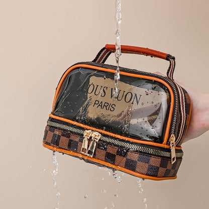 Trousse de toilette transparente double couche pour femmes, sac cosmétique étanche de grande capacité