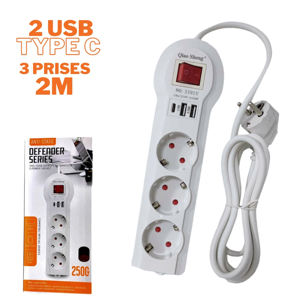 Multiprise 3 prises et Type C avec 2 USB 2 m Blanc 3301U - تنزوت