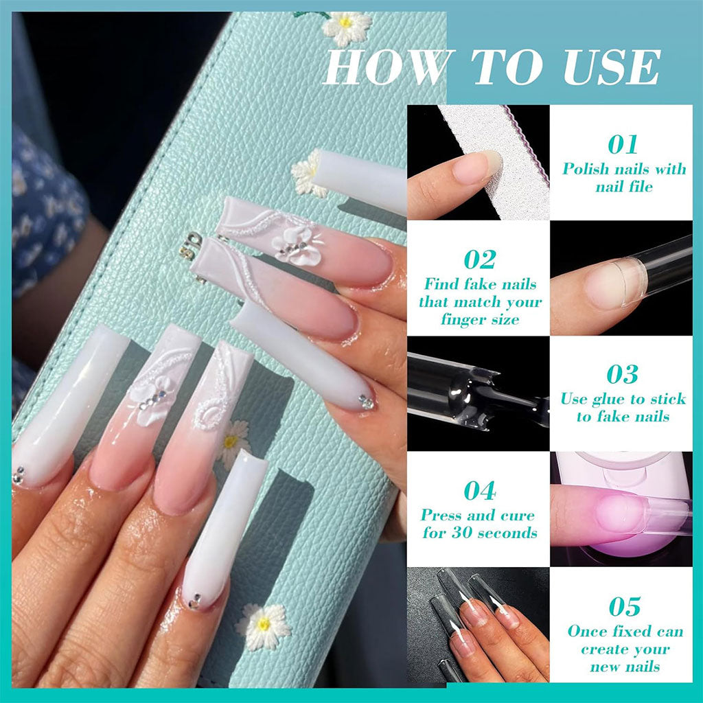 100PCS faux ongles carrés transparents professionnels en acrylique – طقم أظافر صناعية