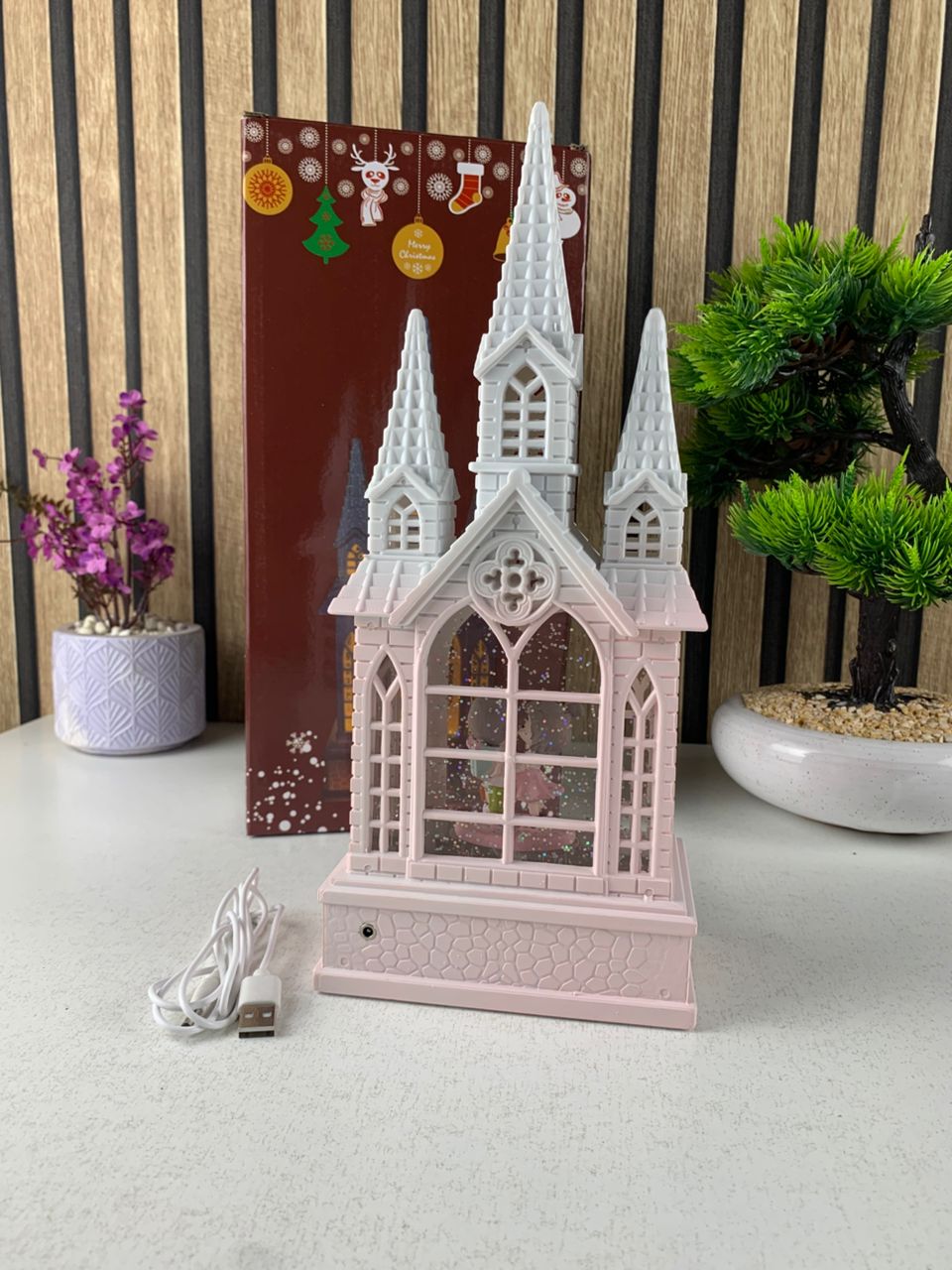 Château à neige lumineux avec paillettes tourbillonnantes – ديكور قلعة الثلج
