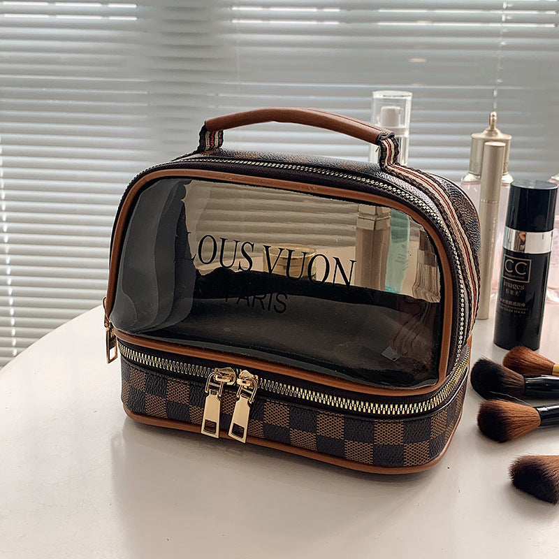 Trousse de toilette transparente double couche pour femmes, sac cosmétique étanche de grande capacité