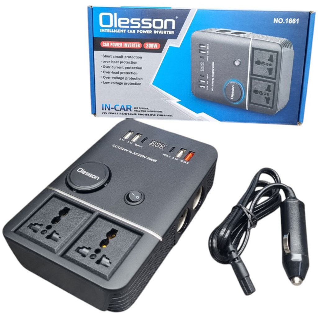 Onduleur de voiture USB Type-C Olesson 1661 220V/200W – محول التيار الكهربائي في السيارة