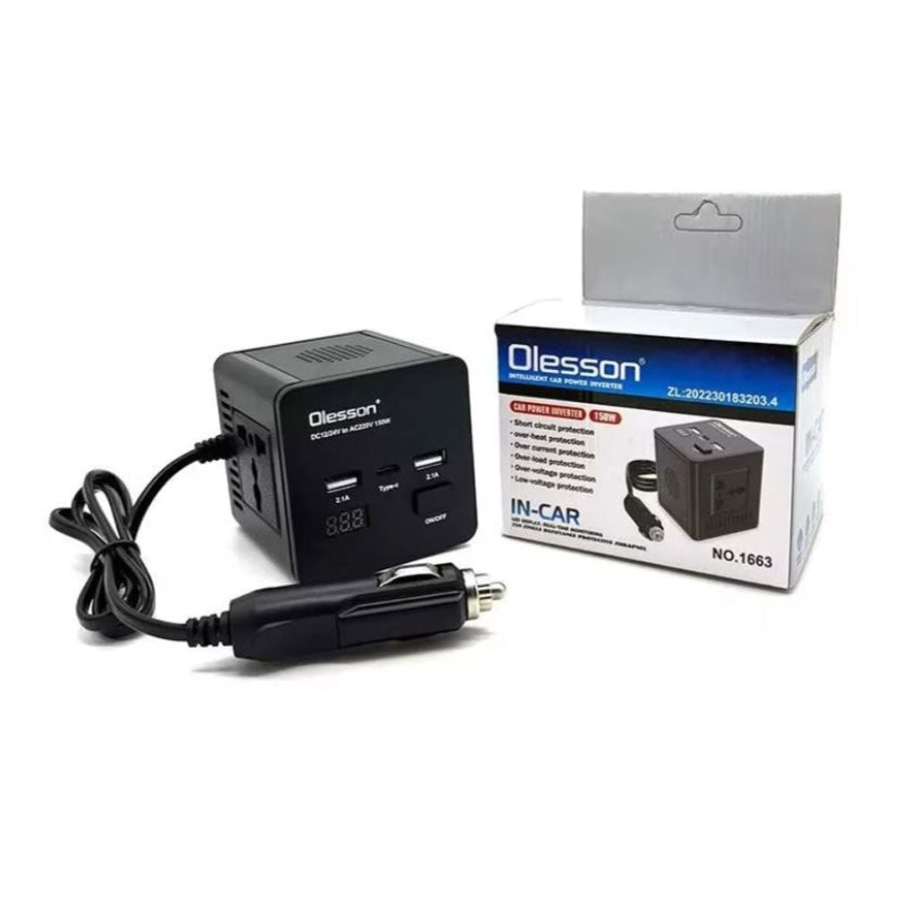 Convertisseur de tension en voiture avec surveillance de puissance 150 watts, 12 volts, 2 USB, 1 USB type C et 2 prises