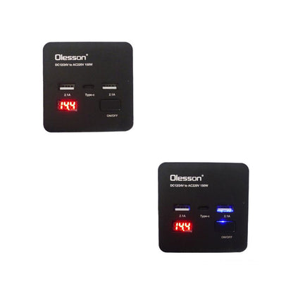 Convertisseur de tension en voiture avec surveillance de puissance 150 watts, 12 volts, 2 USB, 1 USB type C et 2 prises