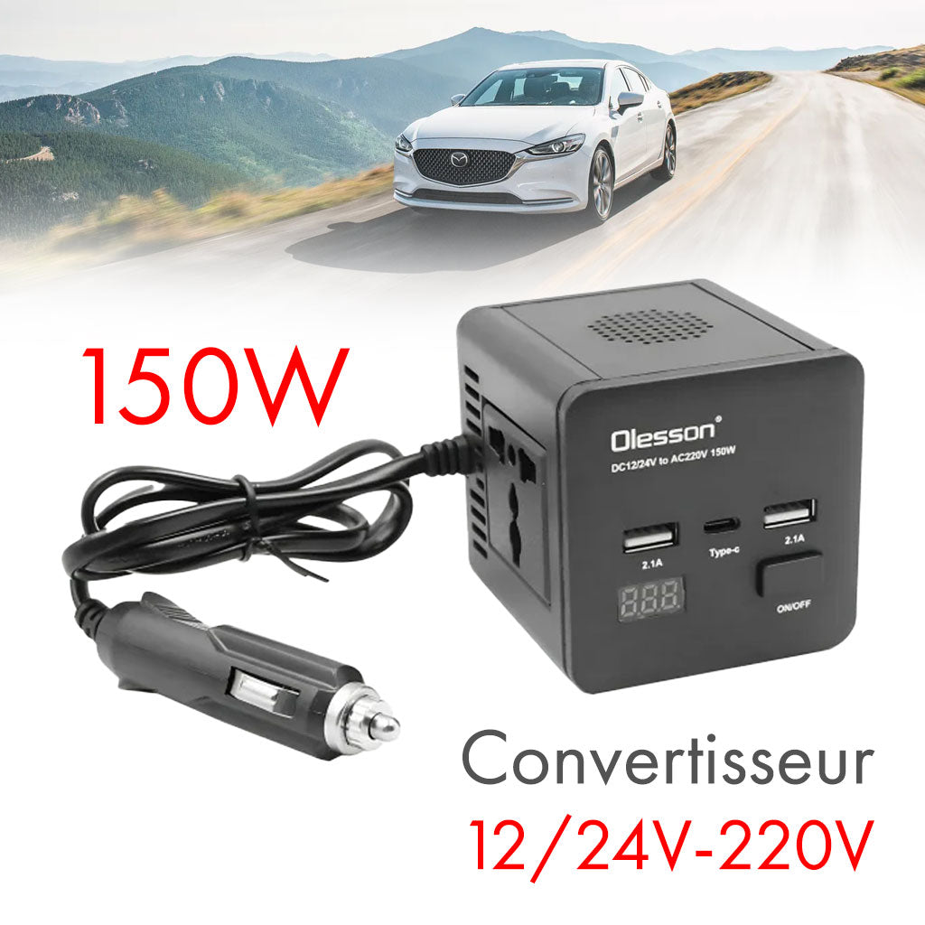 Convertisseur de tension en voiture avec surveillance de puissance 150 watts, 12 volts, 2 USB, 1 USB type C et 2 prises