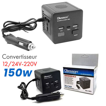 Convertisseur de tension en voiture avec surveillance de puissance 150 watts, 12 volts, 2 USB, 1 USB type C et 2 prises - تنزوت