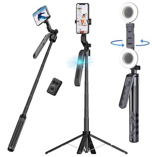 Trépied perche à selfie PLOKAMA avec deux lumières LED et télécommande sans fil 4en1 – حامل هاتف وعصى سيلفي قابل للتمدد مع إضاءة مدمجة تنزوت