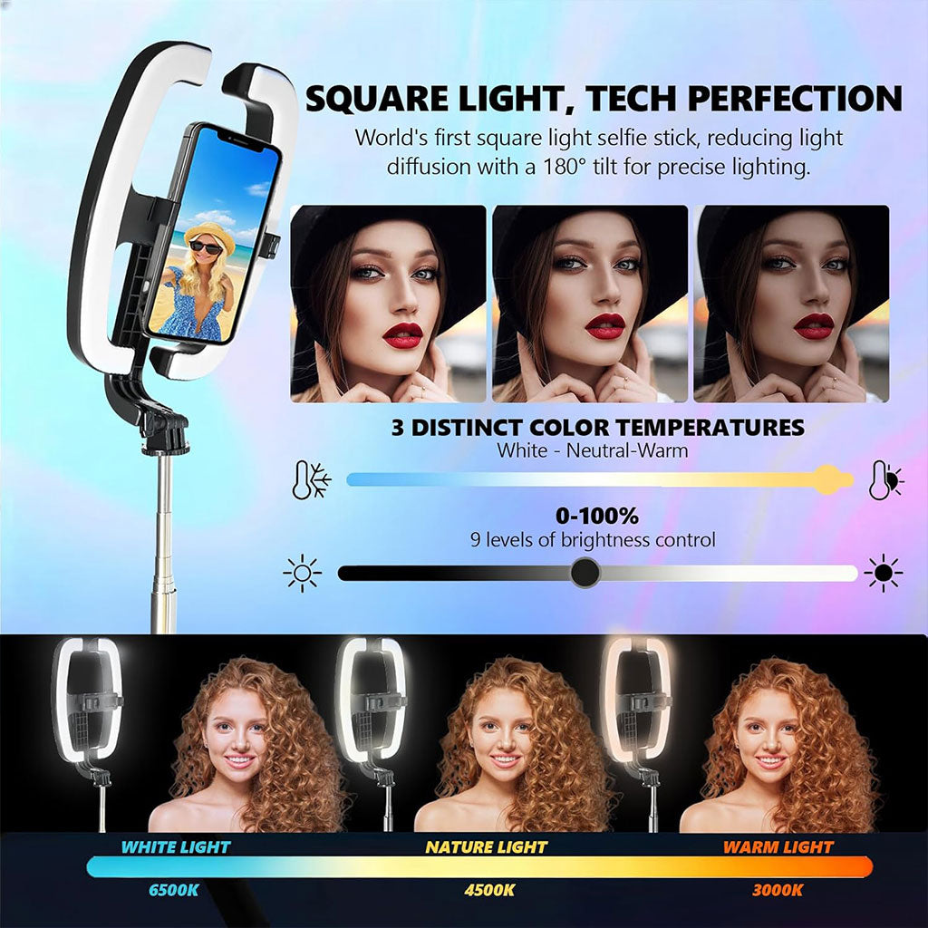 Perche à Selfie Extensible avec Support pour Téléphone et Lampe LED – عصا سيلفي مع إضاءة مدمجة ويد تحكم
