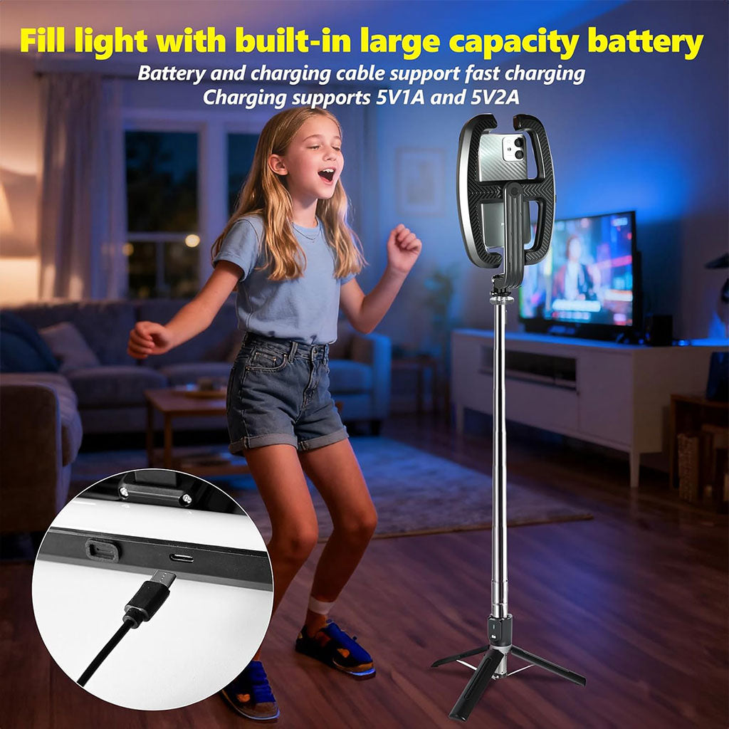 Perche à Selfie Extensible avec Support pour Téléphone et Lampe LED – عصا سيلفي مع إضاءة مدمجة ويد تحكم