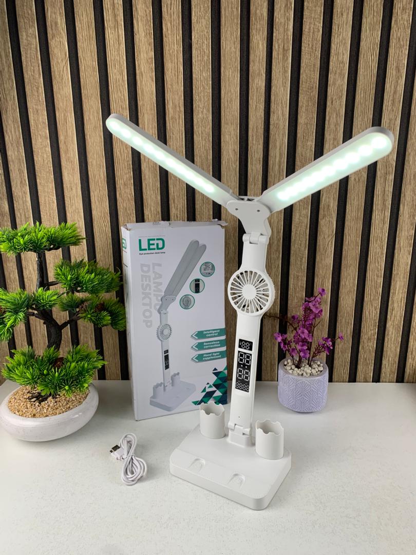 Lampe de bureau LED à double tête avec ventilateur et Horloge – مصباح مكتب مع منبه ومروحة مدمجة