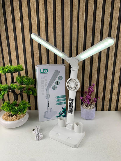 Lampe de bureau LED à double tête avec ventilateur et Horloge – مصباح مكتب مع منبه ومروحة مدمجة