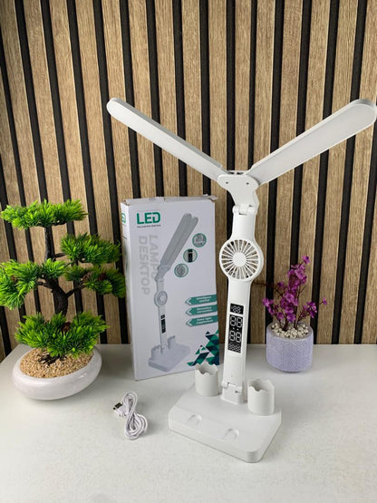 Lampe de bureau LED à double tête avec ventilateur et Horloge – مصباح مكتب مع منبه ومروحة مدمجة