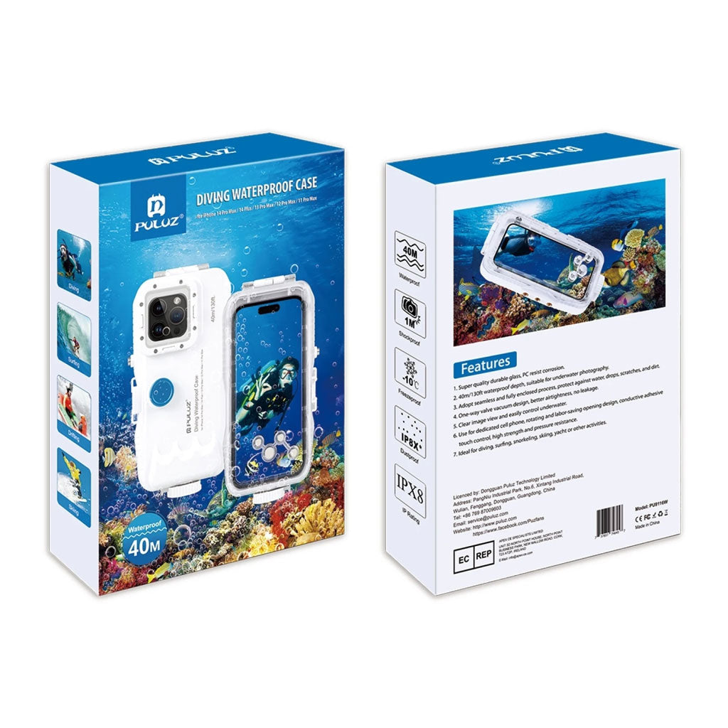 Étui de plongée étanche PULUZ 40m pour iPhone 16/15/14/13/12/11 Pro Max - حافظة هاتف إحترافية تحت الماء